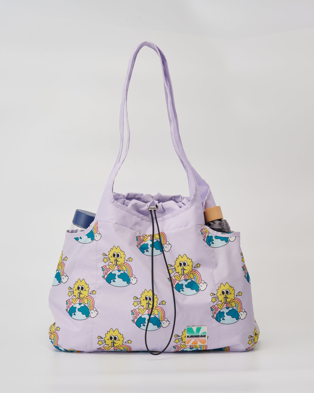 Front view of the Sip and soar water-resistant tote bag in lilac with side pockets for a water bottle or compact umbrella